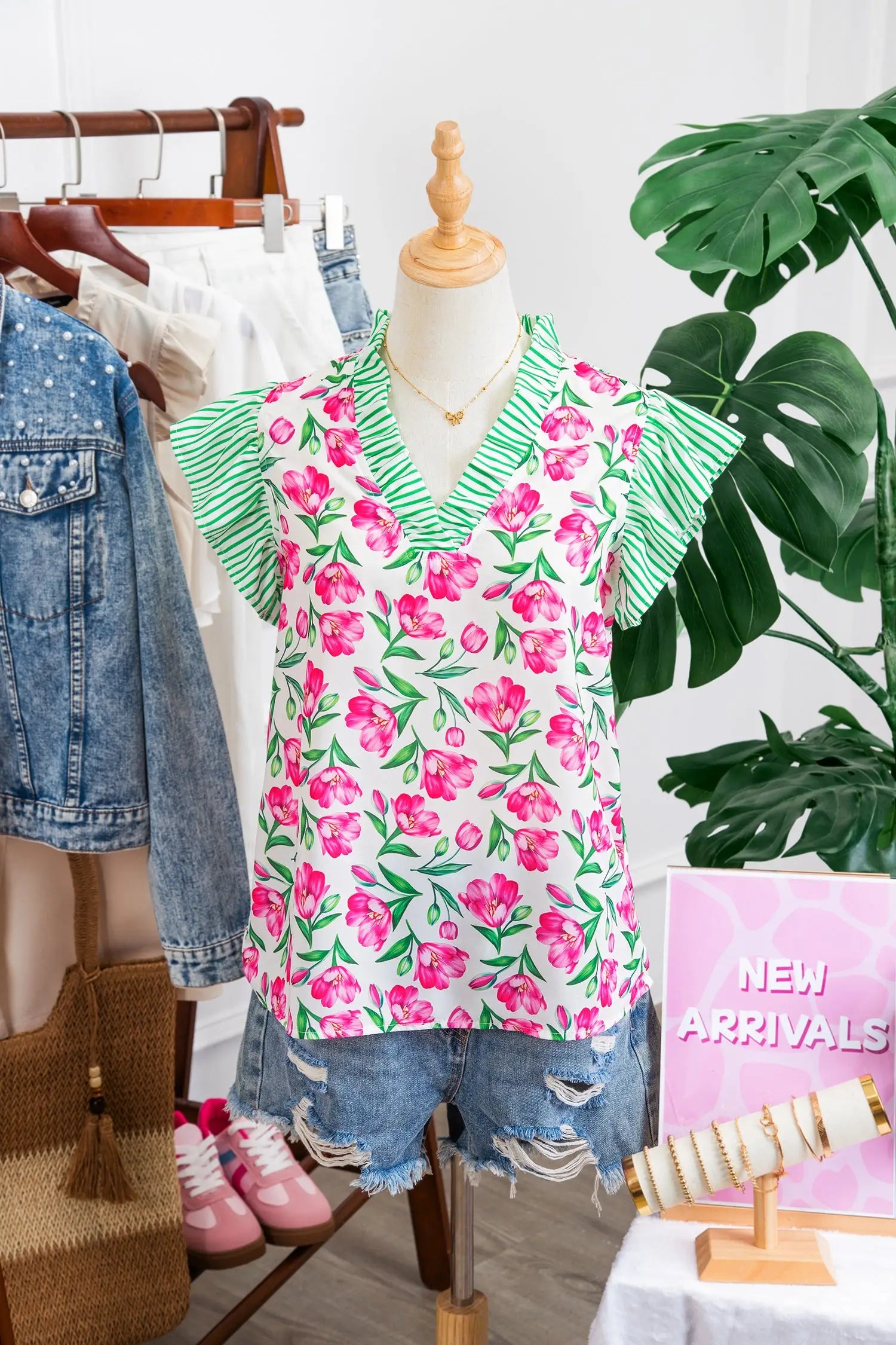 Multicolour sweet floral print striped ruffle trim v neck blouse blouses