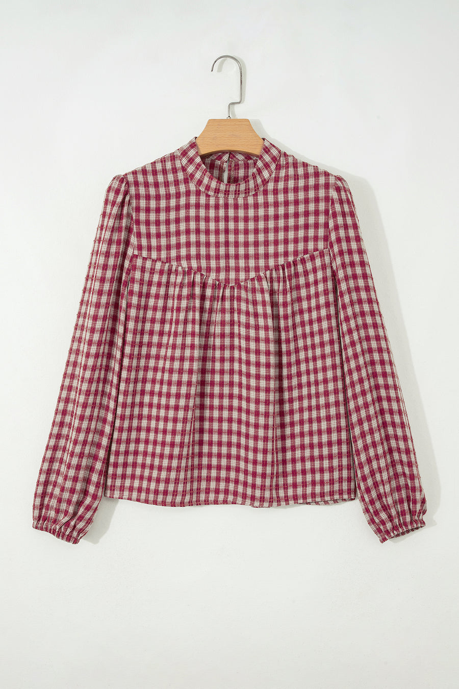 Coral plaid keyhole blouse styled with straight leg jeans — Fashionfitz UK