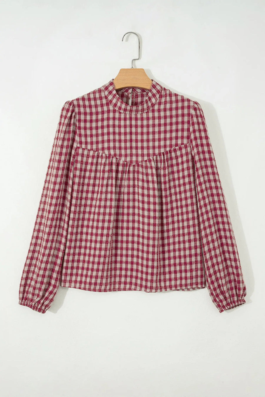 Coral plaid keyhole blouse styled with straight leg jeans — Fashionfitz UK