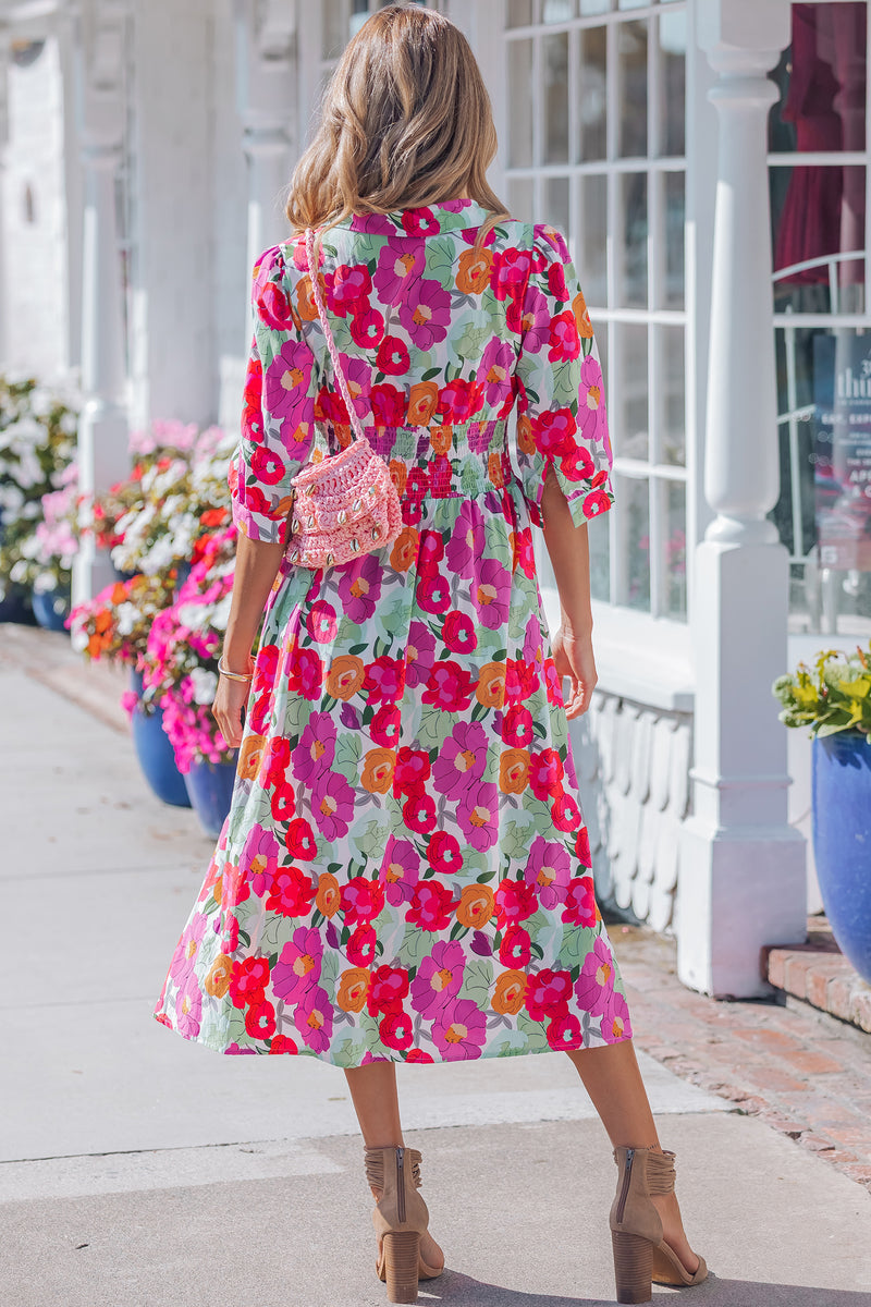 Purple Tulip Floral Print Contrast Trim Midi Dress Women UK