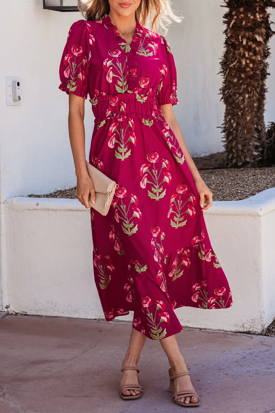 Red Floral Frilled V Neck Short Sleeve Ruffle Hem Maxi Dress Women UK — full length