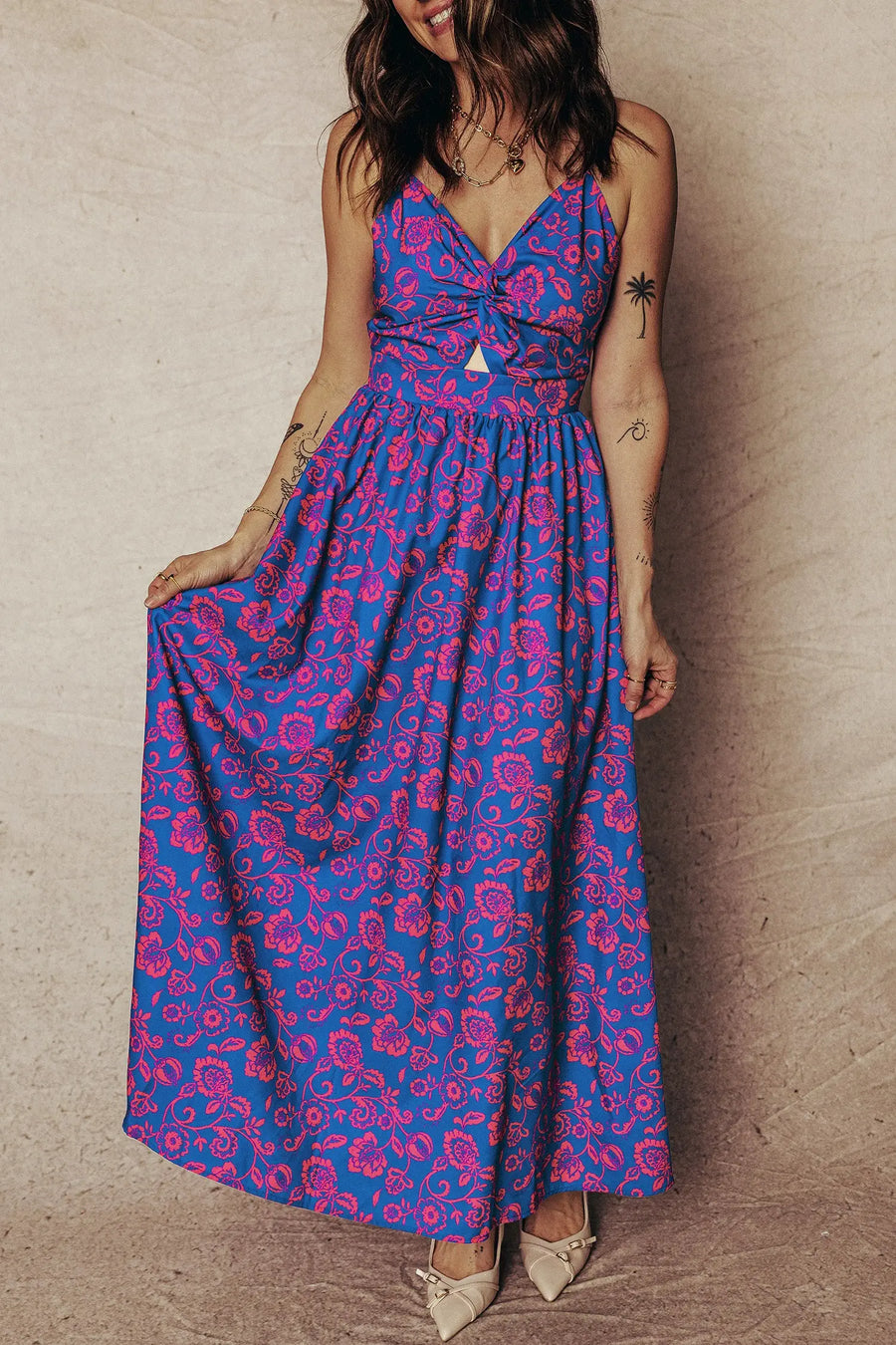 Blue Floral Twisted V Neck Tied Backless Maxi Dress Women UK — model shot