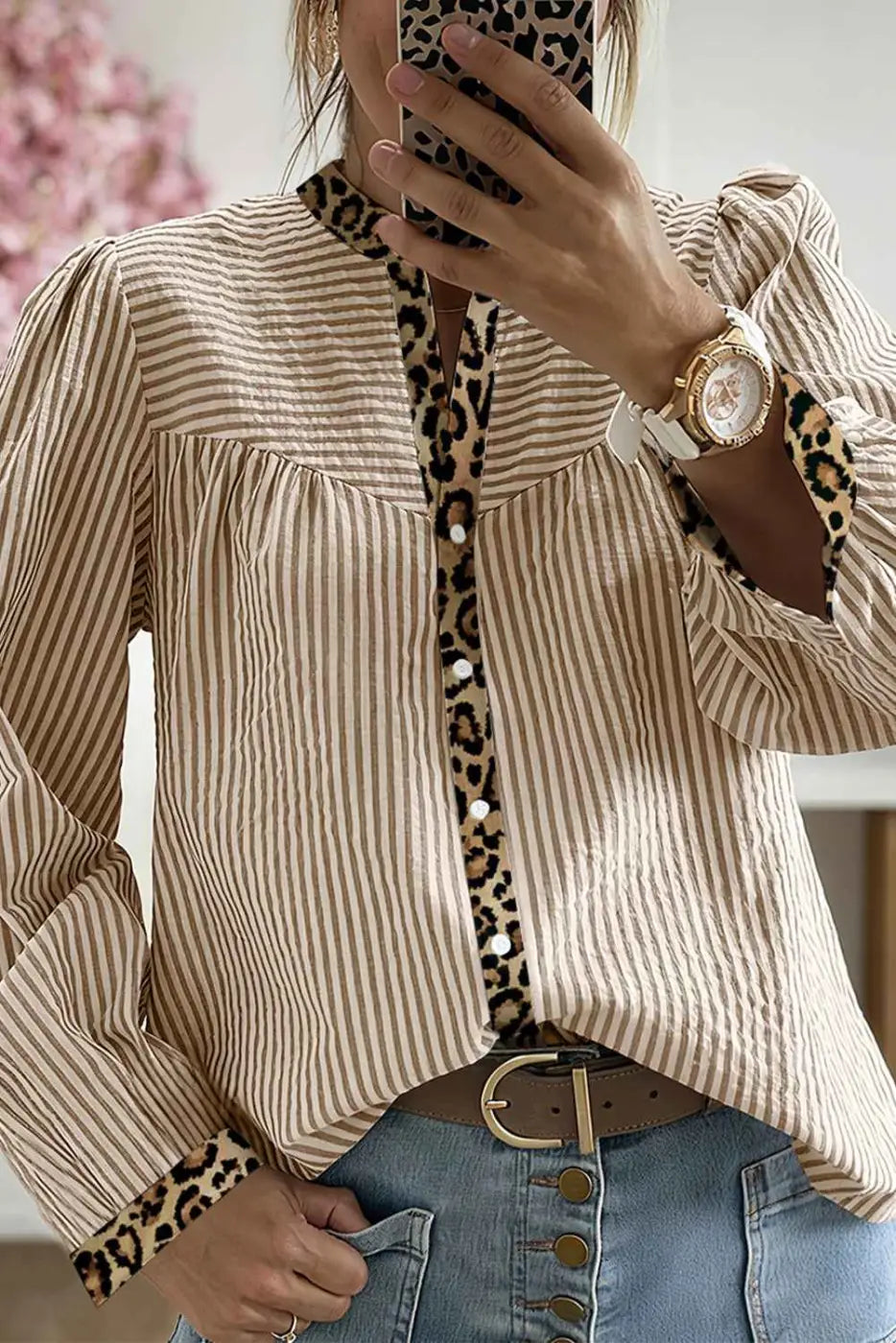 Leopard Pinstripe Contrast Shirt in beige with V-neck and button front, featuring leopard print trim for a chic and modern spring outfit.