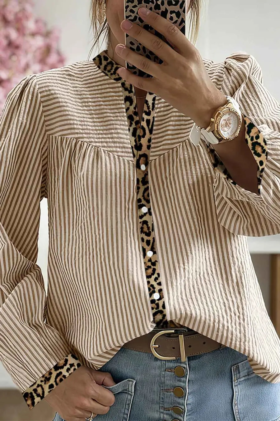 Beige Leopard Pinstripe Contrast Patchwork Shirt Women UK — front view showing pinstripe body with bold leopard contrast trim — Fashionfitz