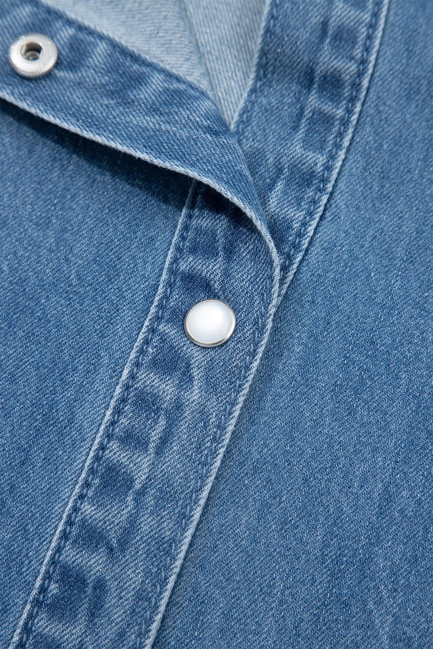 Dusk blue ruffled short sleeve denim shirt button down collar stitched yoke shirts