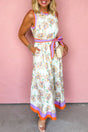 Floral Print Colour Block Belted Maxi Dress Sleeveless Side Pockets — front view | Fashionfitz UK