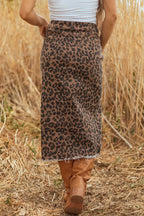 Rear view of Leopard Denim Midi Skirt - Summer Fashion by FashionFitz showing full back silhouette and leopard print detail.
