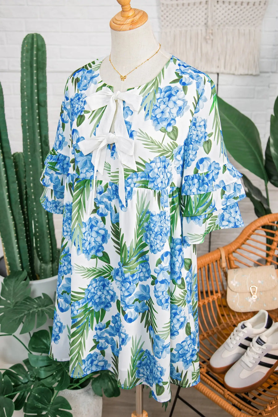 Sky Blue Palm Floral Contrast Ribbon Knot Ruffle Mini Dress Women UK