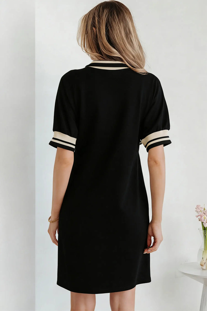 Women's stripe polo dress side view webbing trim detail