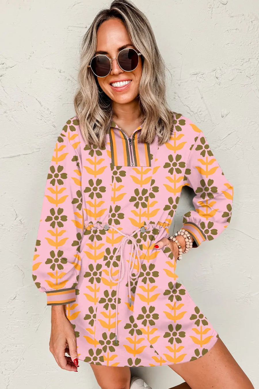 Pink Floral Zip Neck Striped Patchwork Drawstring Dress Women UK — side detail
