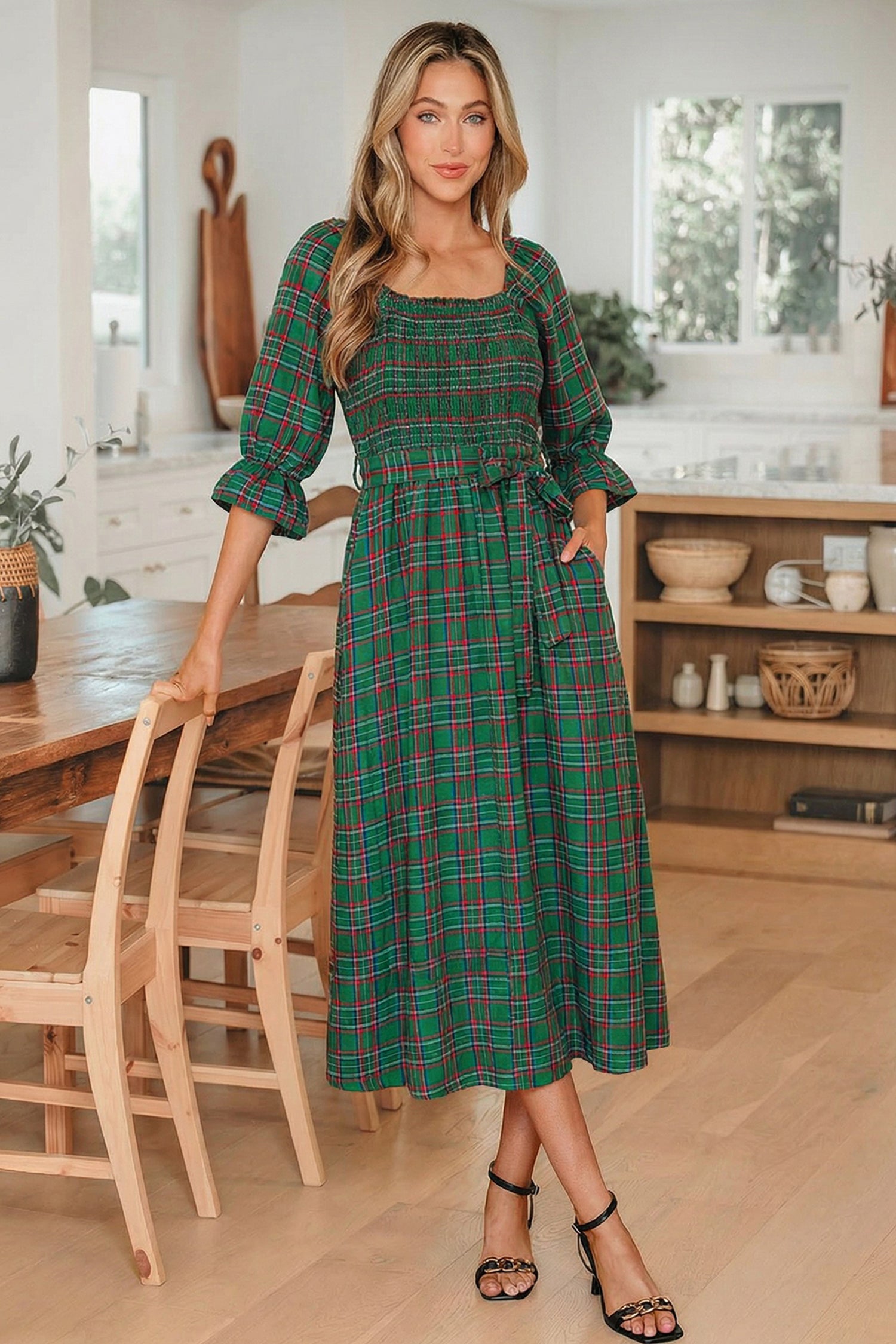 Red Green Tartan Plaid Flared Midi Dress