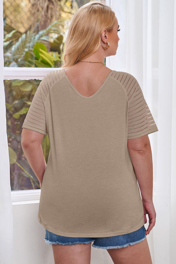 Back view of striped raglan sleeve plus size tee