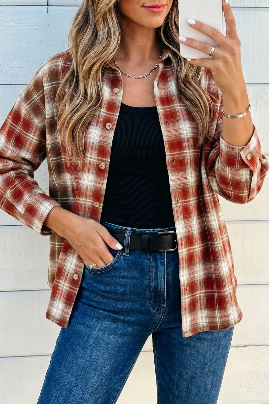 Contrast plaid long sleeve button down shirt women UK | Fashionfitz