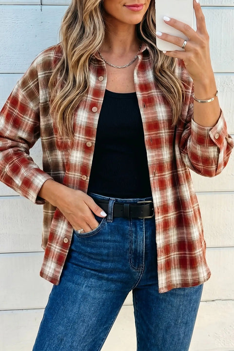 Contrast plaid long sleeve button-down shirt front view — Fashionfitz UK