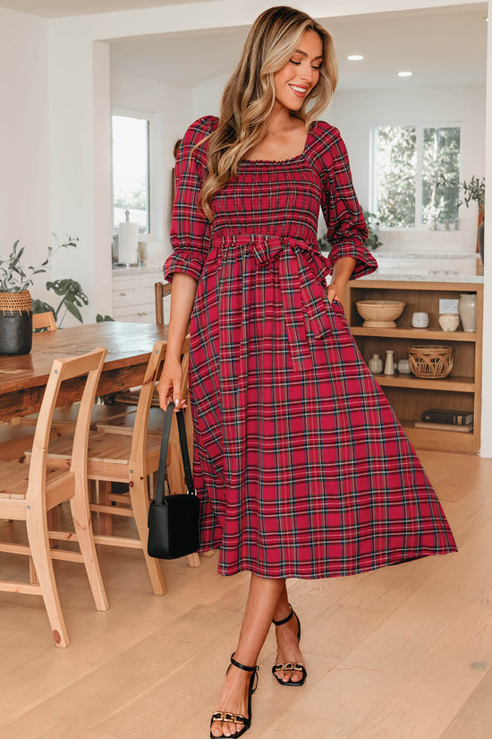 Red Green Tartan Plaid Flared Midi Dress