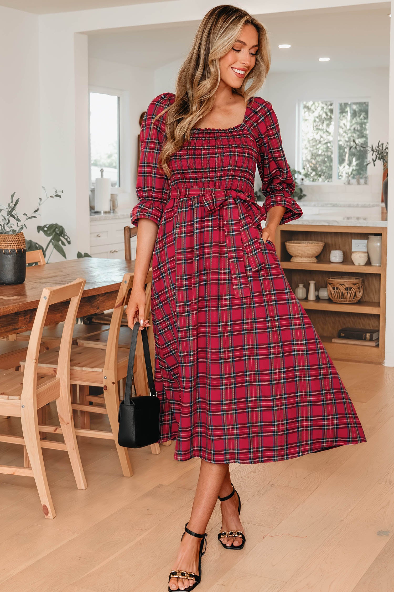 Red Green Tartan Plaid Flared Midi Dress