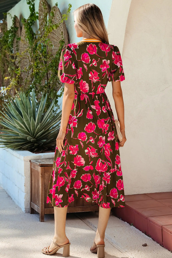 Green Floral Striped Trim Split Neck Puff Sleeve Maxi Dress Women UK — back view
