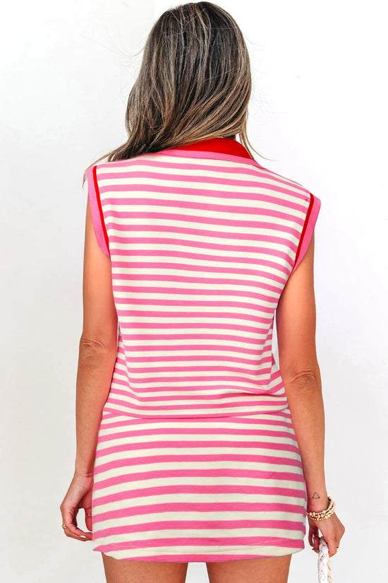 Sachet pink stripe skort set sleeveless quarter zip collar two piece uk | fashionfitz