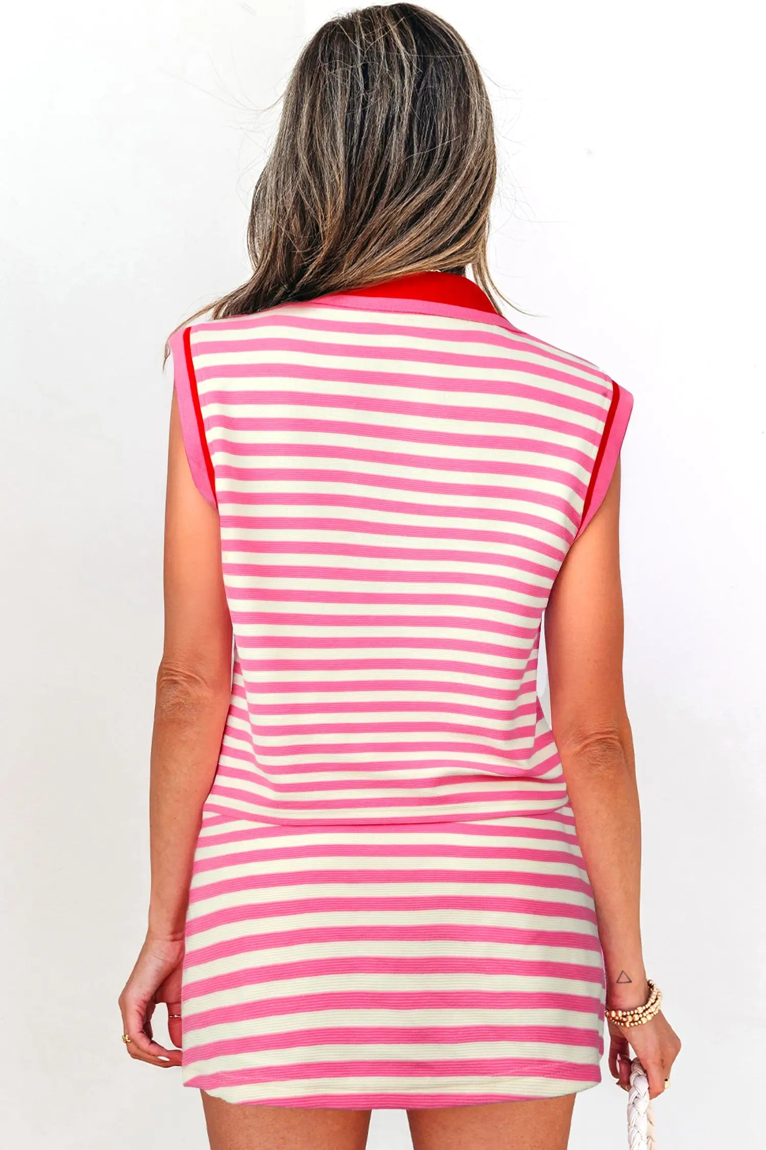 Sachet pink stripe skort set sleeveless quarter zip collar two piece uk | fashionfitz