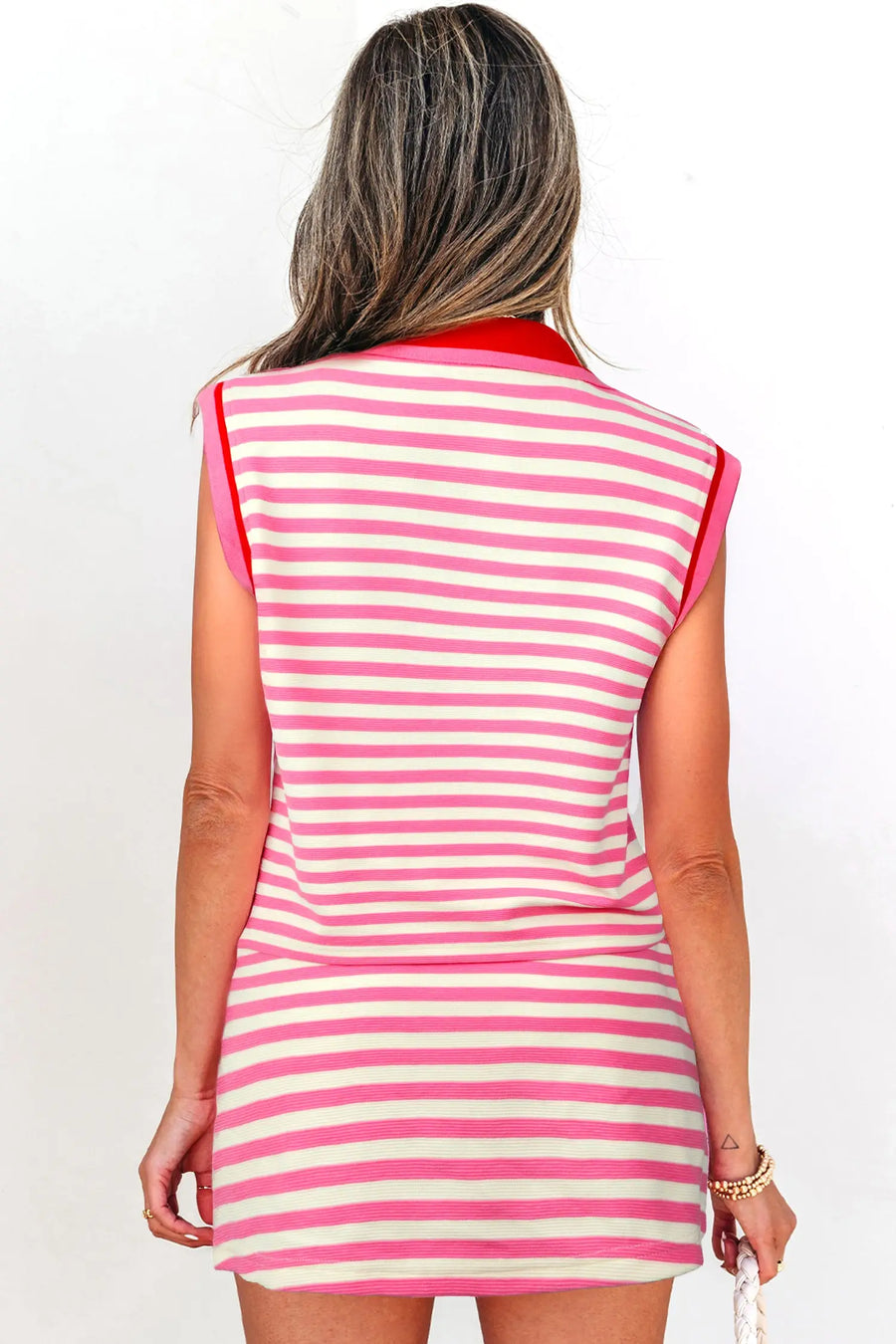 Sachet pink stripe skort set sleeveless quarter zip collar two piece uk | fashionfitz