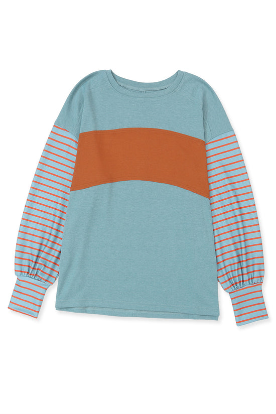 Green Colorblock Bishop Sleeve Top - Striped Casual Chic
