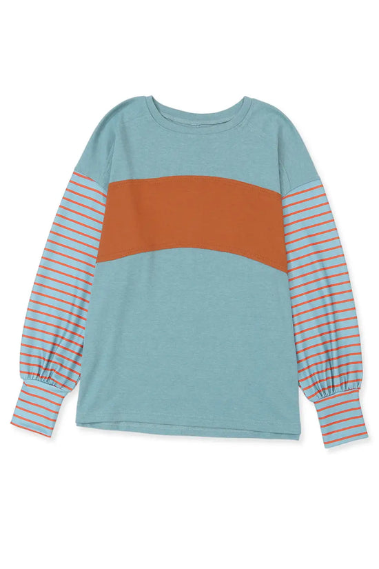 Green colorblock bishop sleeve top - striped casual chic