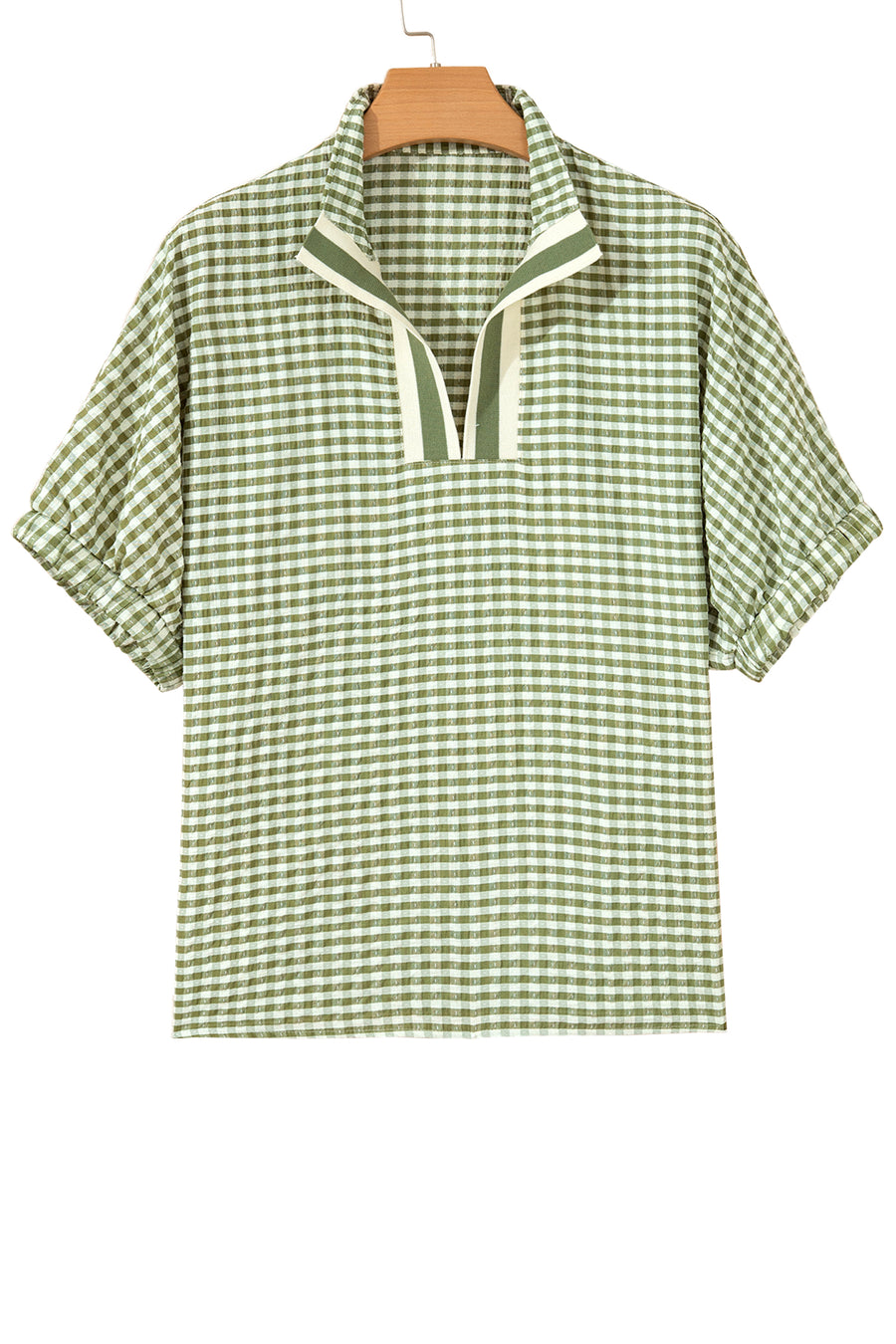 Plaid Colorblock Trim Split Neck Short Sleeve Tunic Blouse