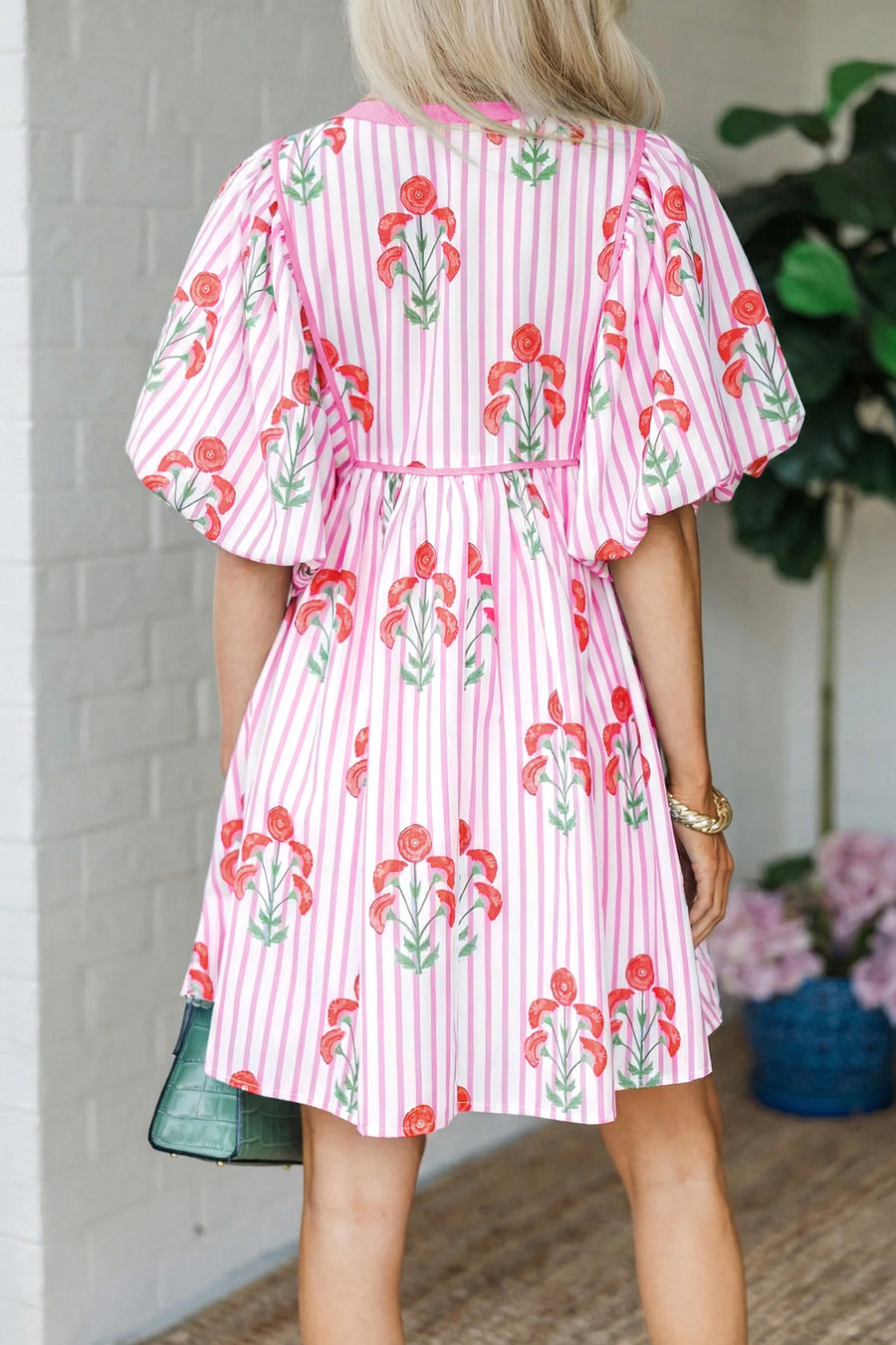 Sky Blue Floral Tie Notched Neck Puff Sleeve Mini Dress Women UK — full length