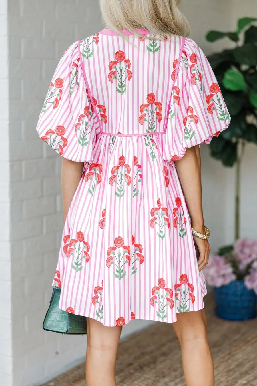 Sky Blue Floral Tie Notched Neck Puff Sleeve Mini Dress Women UK — full length