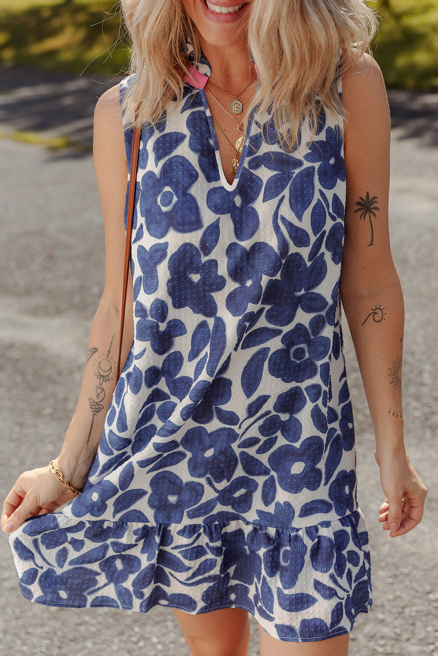 Blue Floral Sleeveless Colorblock Notched V Neck Mini Dress Women UK