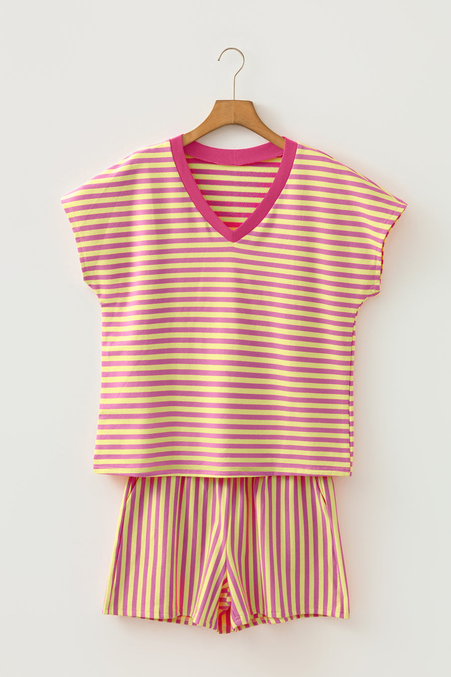 Yellow Stripe Colorblock Trim V Neck Tee Drawstring Elastic Waist Short Set