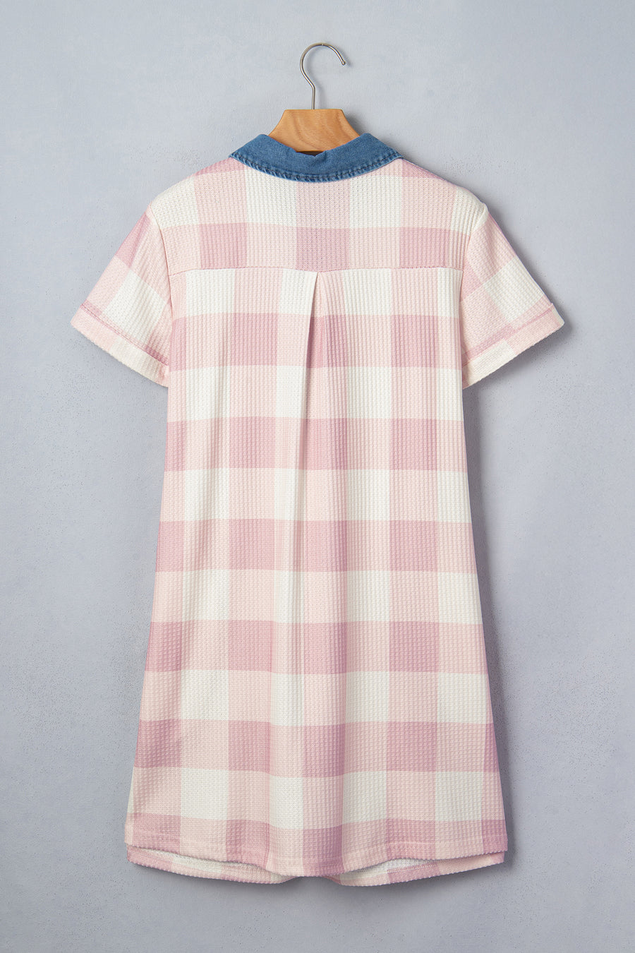 Waffle Plaid Denim Collar Buttoned Mini Dress Women UK