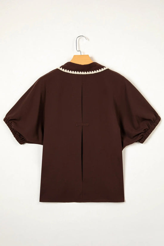 Coffee contrast trim shirt collar blouse button v neck dolman sleeve blouses