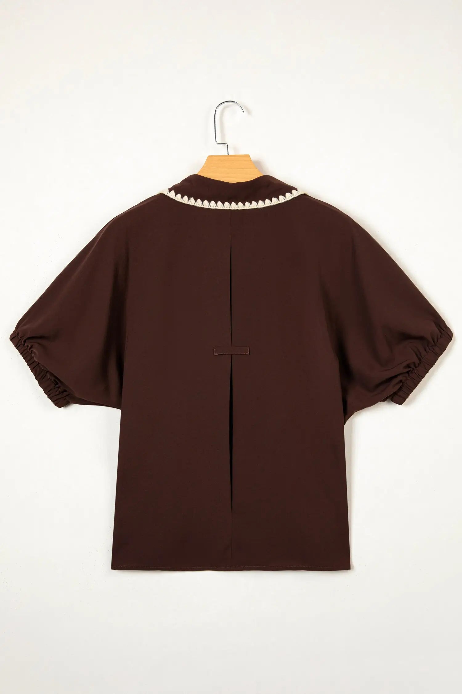 Coffee contrast trim shirt collar blouse button v neck dolman sleeve blouses
