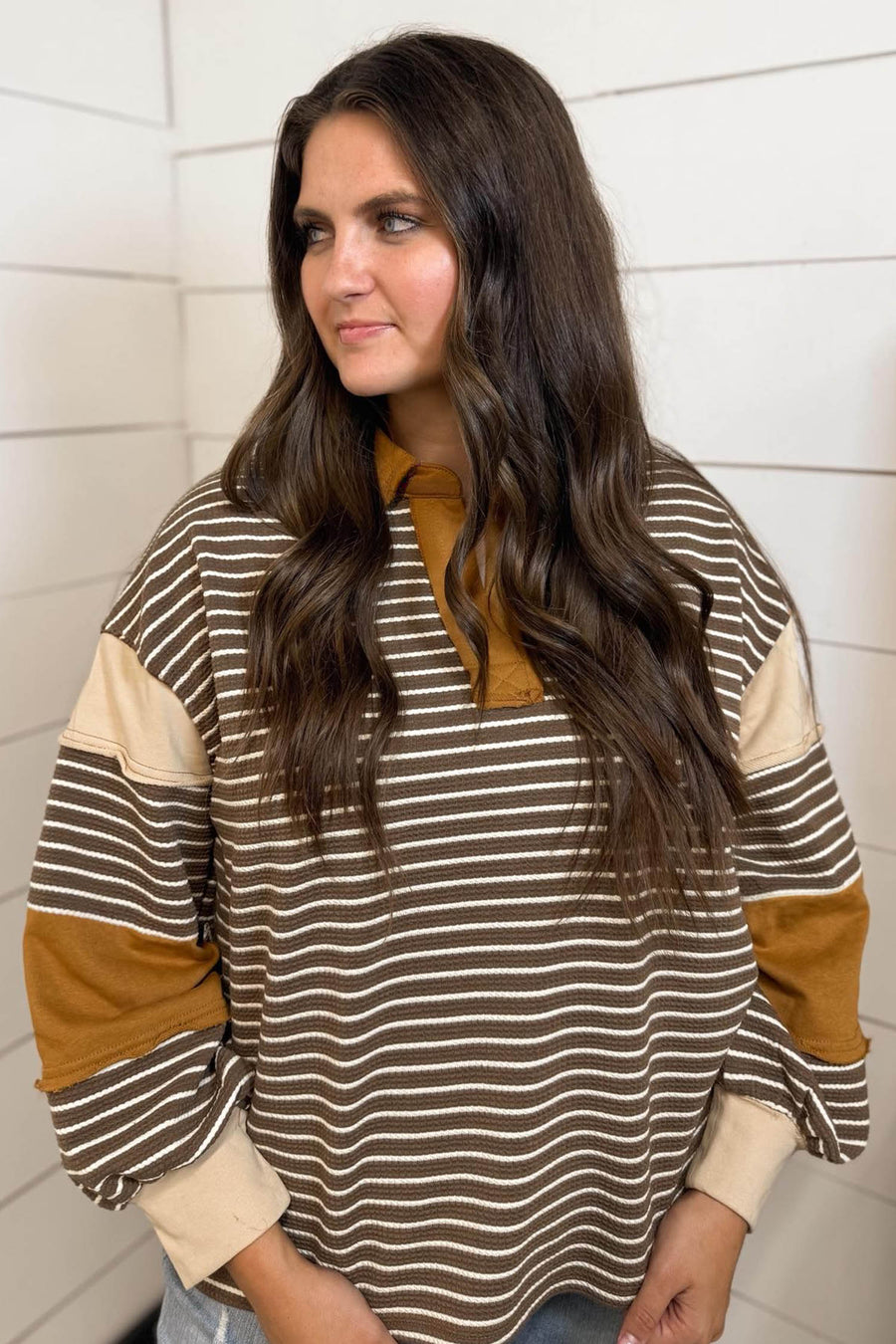 Stripe Colorblock Collar V Neck Plus Size Long Sleeve Top UK