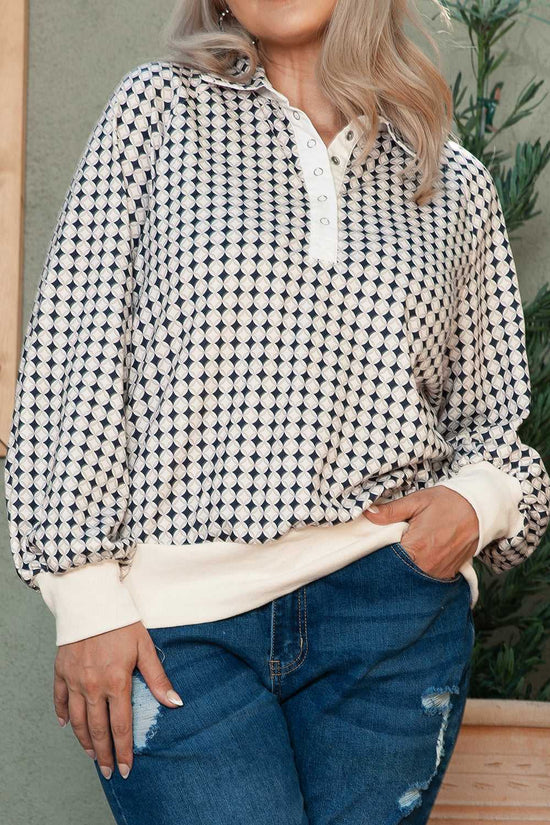 Close-up of Curve Monochrome Contrast Polo Sweatshirt for Women showing textured fabric and ribbed hem details.