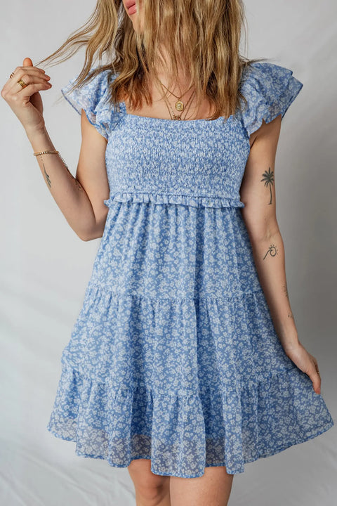 Sky Blue Floral Square Neck Smocked Tiered Mini Dress Women UK — front view