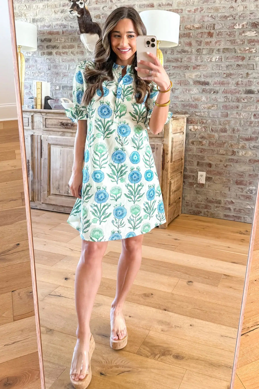Sky Blue Floral Half Button Frilly Short Sleeve Dress — full length view on model | Fashionfitz UK