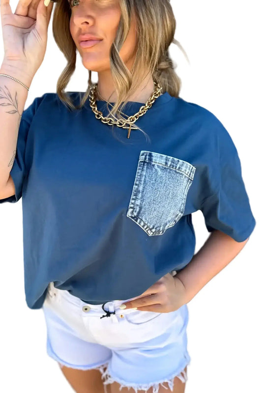 Colour block patch pocket short sleeve top round neck tunic women uk | fashionfitz