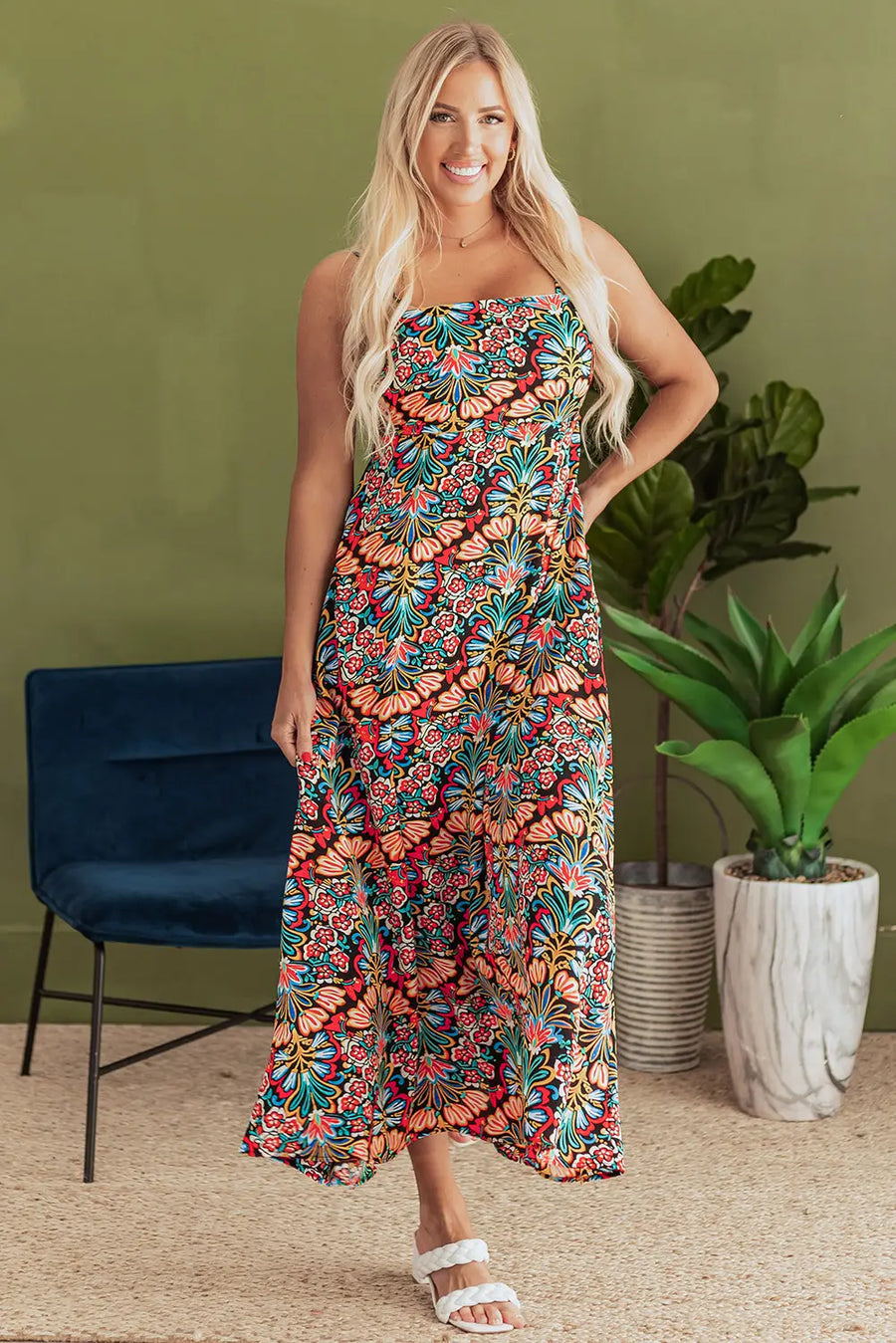 Black Boho Floral Thin Strap Sleeveless High Waist Maxi Dress Women UK