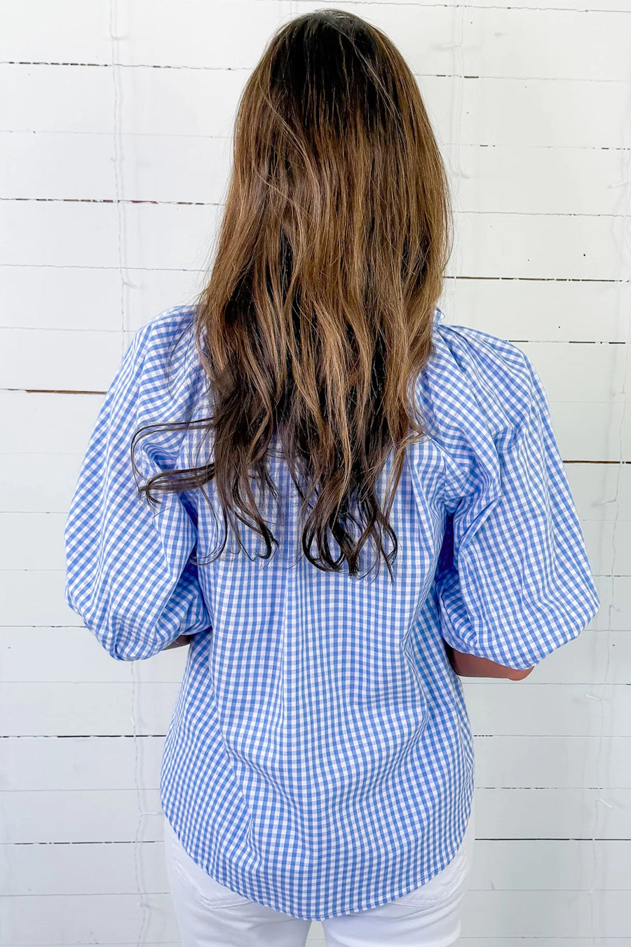 Summer Plaid V-Neck Puff Sleeve Blouse Women UK