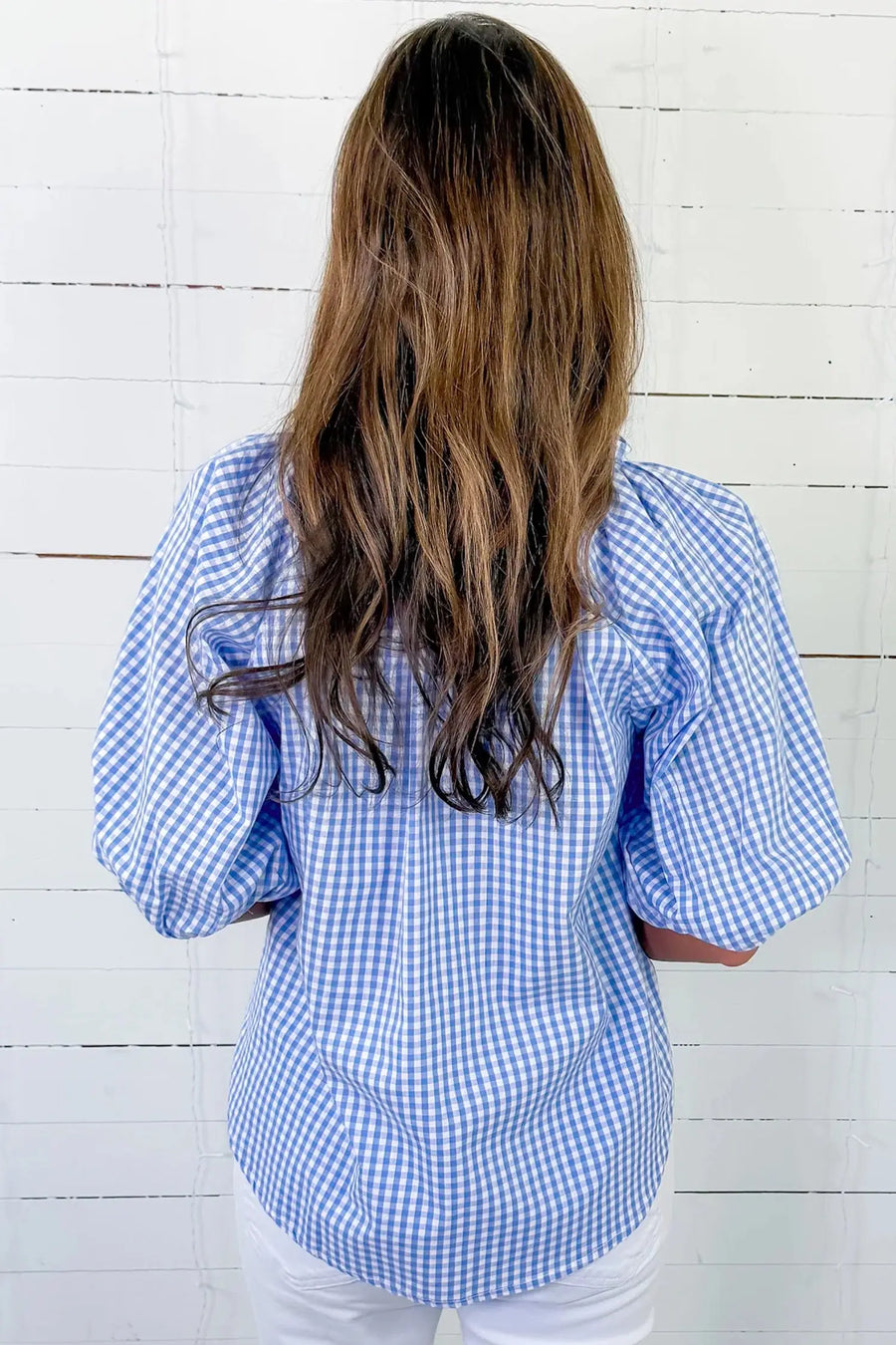 Summer Plaid V-Neck Puff Sleeve Blouse Women UK — close-up detail | Fashionfitz UK