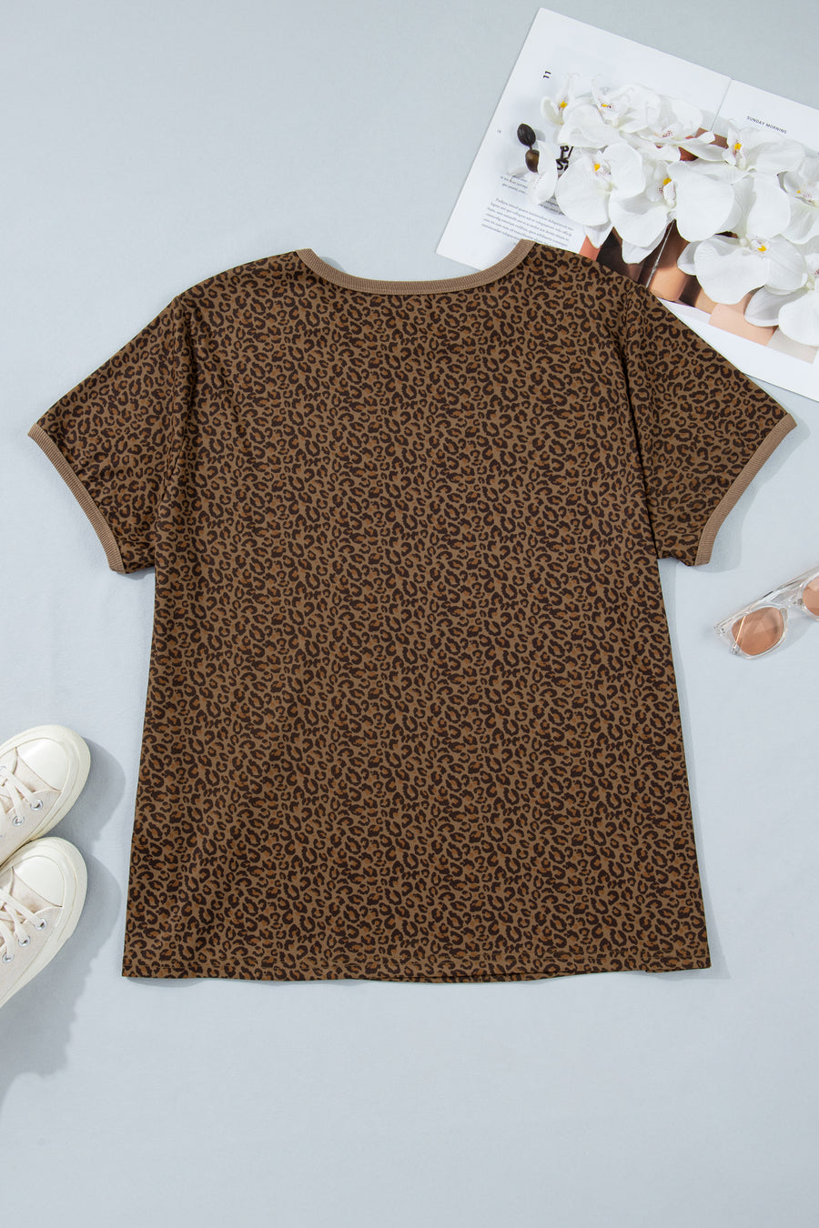 Leopard Print Ribbed Trim Round Neck Plus Size Tee Women UK