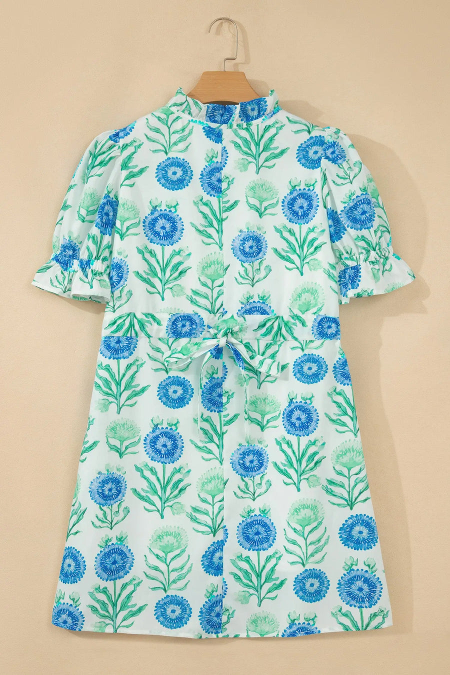 Sky Blue Floral Half Button Frilly Short Sleeve Dress — angled view | Fashionfitz UK
