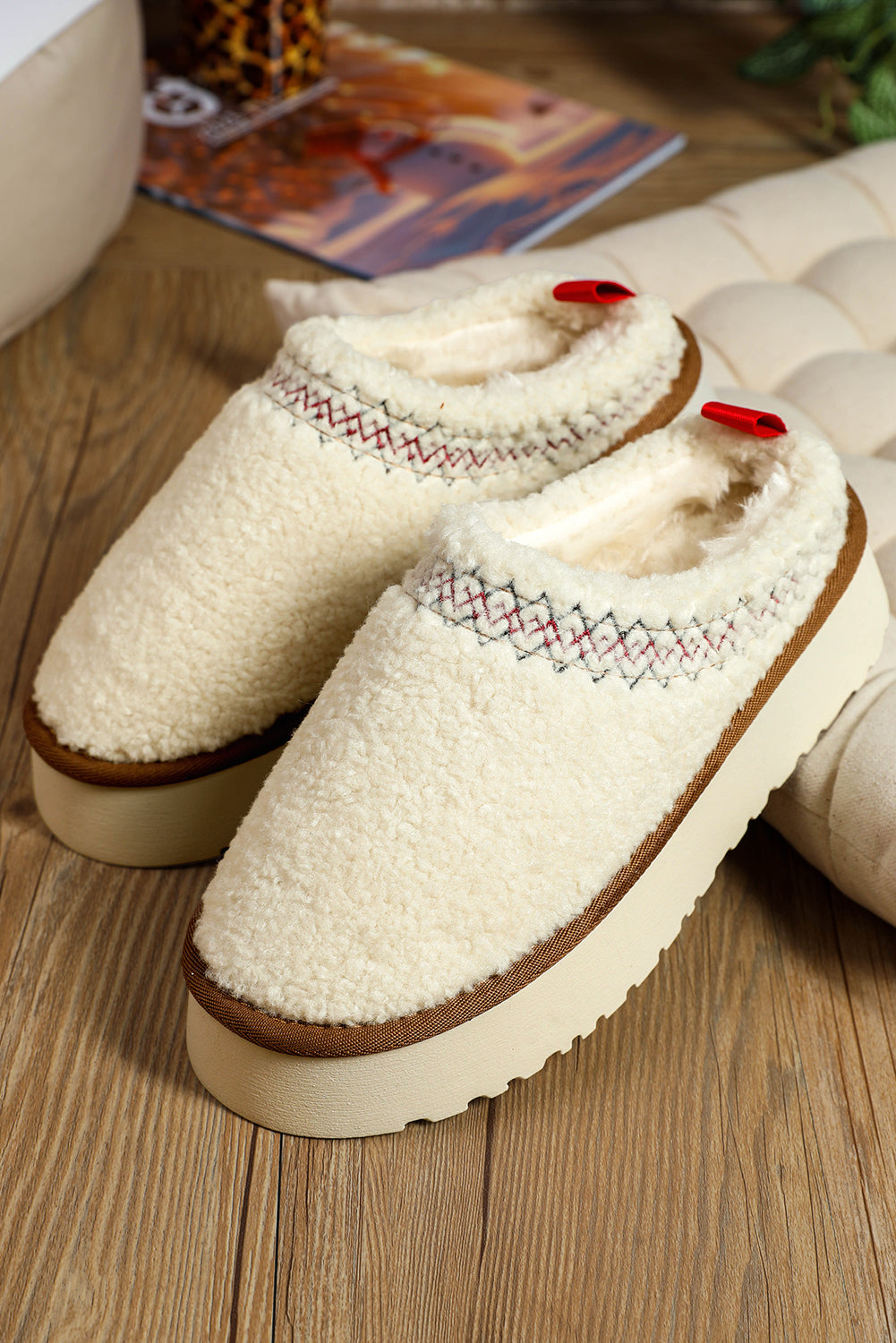 Embroidered Sherpa Plush Winter Slippers