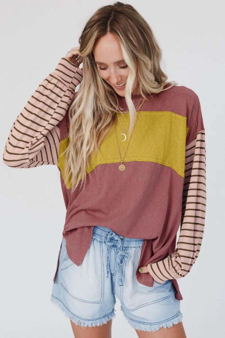 Green colorblock bishop sleeve top - striped casual chic
