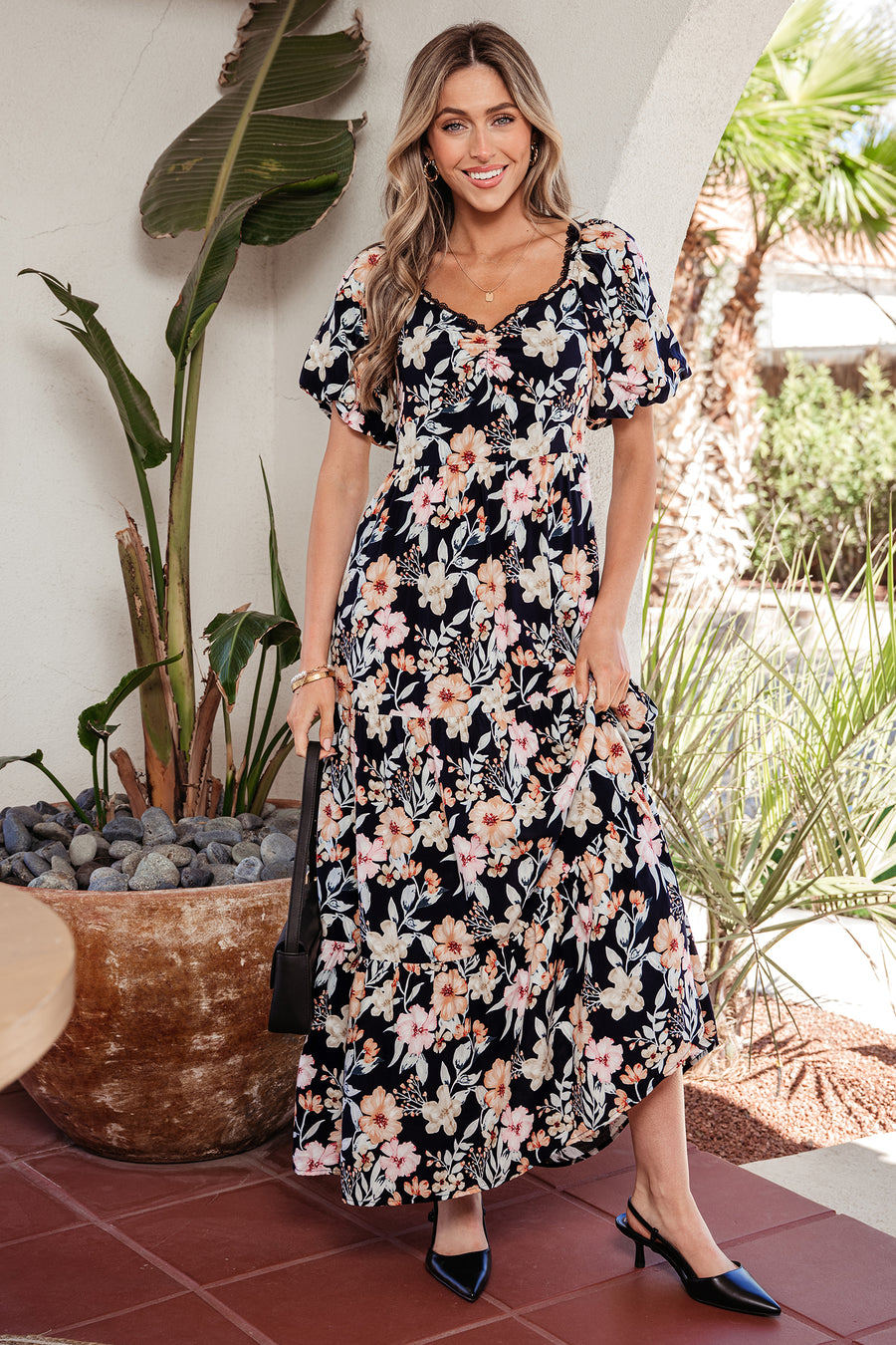 Blue Floral Short Sleeve Smocked High Waist Maxi Dress Women UK — front view