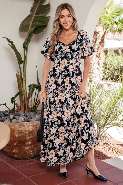 Blue Floral Short Sleeve Smocked High Waist Maxi Dress Women UK — front view