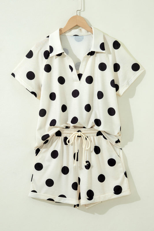 Polka Dot V Neck Short Sleeve Tee High Waist Drawstring Shorts Set