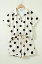 Polka Dot V Neck Short Sleeve Tee High Waist Drawstring Shorts Set — front view | Fashionfitz UK